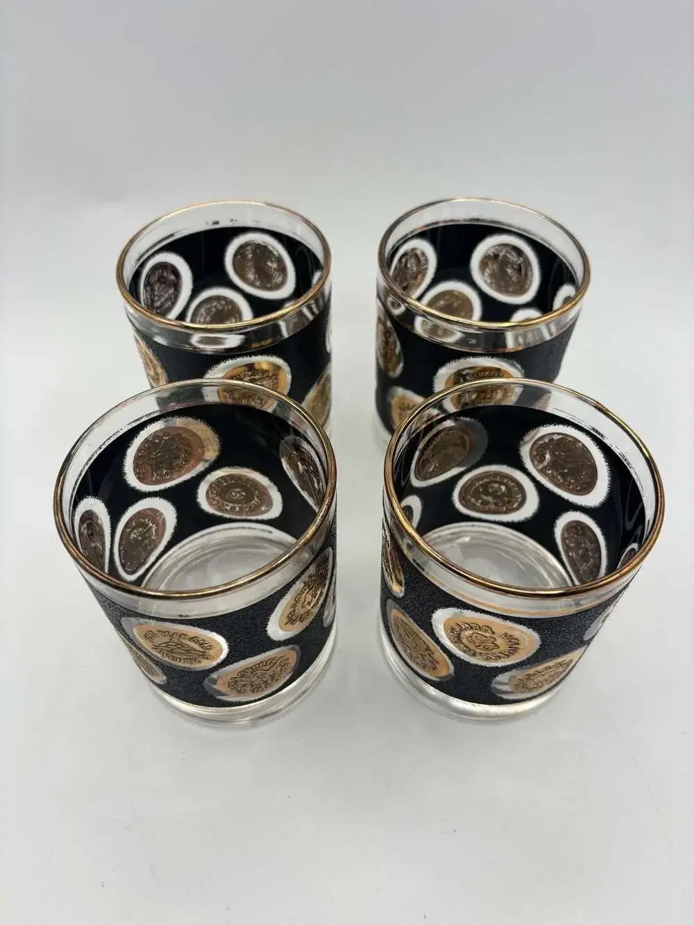 Vintage Libbey Mid-Century Black Textured Gold Coin 10 oz Highball Glasses, Set